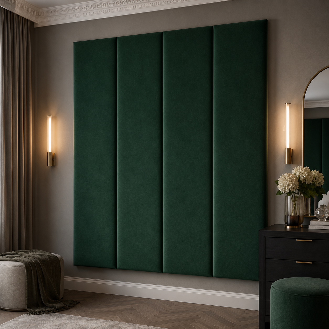 Emerald Green Velvet Upholstered Headboard Wall Panel – 45cm Wide