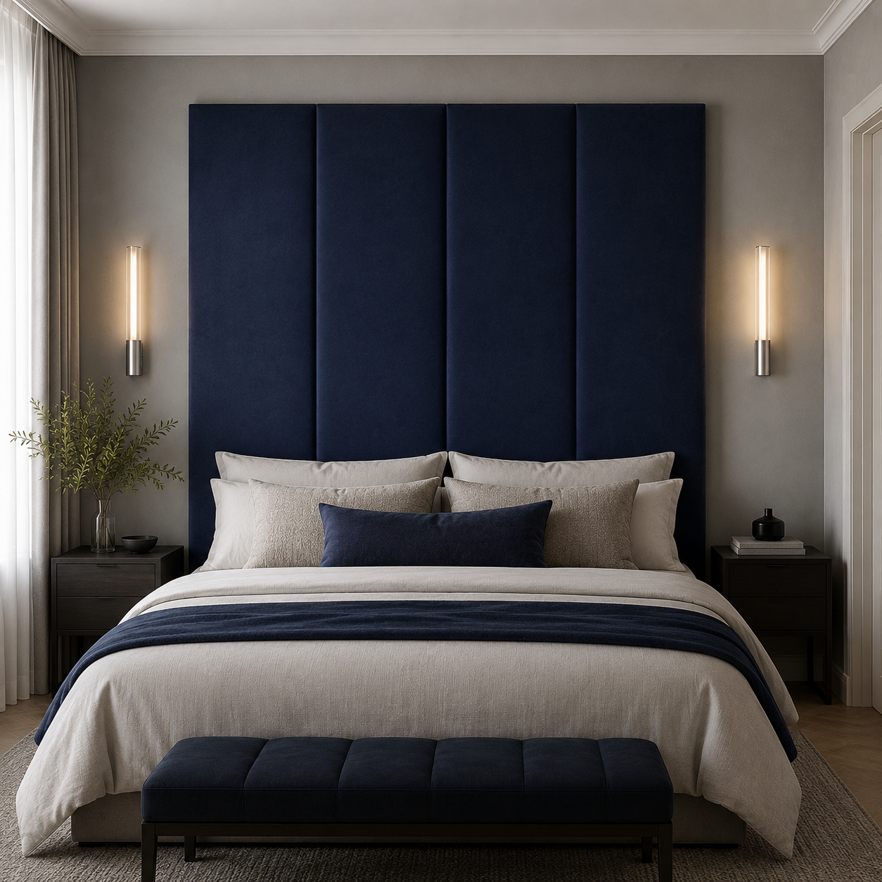 Navy Blue Velvet Upholstered Headboard Wall Panel – 45cm Wide