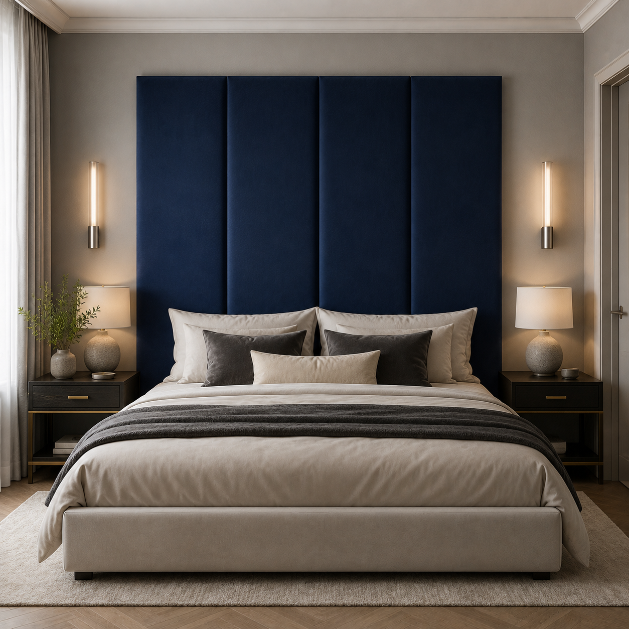 Navy Blue Velvet Upholstered Headboard Wall Panel – 45cm Wide