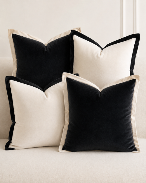 4 Piece Black & Cream Duck Feather Velvet Cushion Set – Luxury Ribbon Edge Scatter Cushions