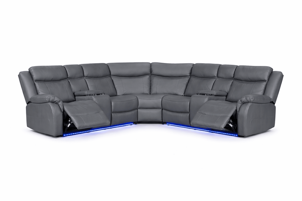 Modern grey leather corner recliner sofa with cup holders and blue LED base lighting