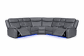 Modern grey leather corner recliner sofa with cup holders and blue LED base lighting