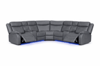 Modern grey leather corner recliner sofa with cup holders and blue LED base lighting