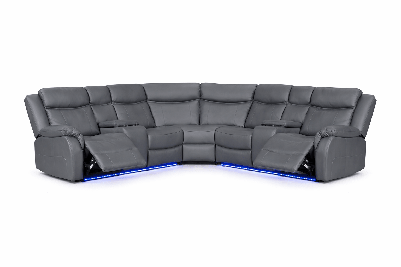 Modern grey leather corner recliner sofa with cup holders and blue LED base lighting