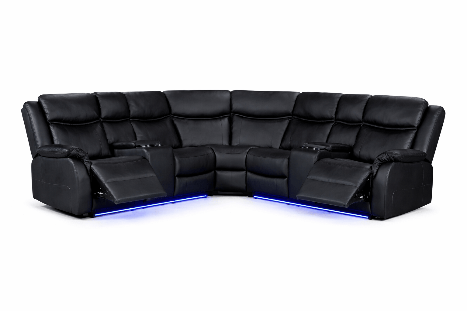 Black leather corner recliner sofa with cup holders and LED base lighting