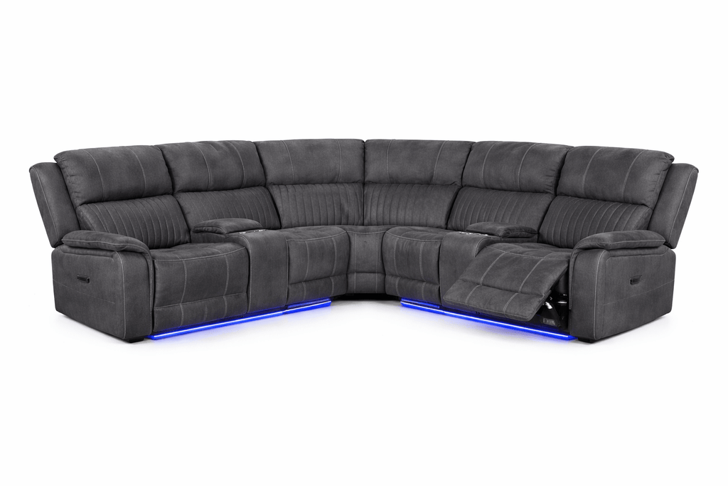 Modern grey corner recliner sofa with LED lighting and cup holders