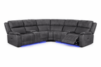 Modern grey corner recliner sofa with LED lighting and cup holders