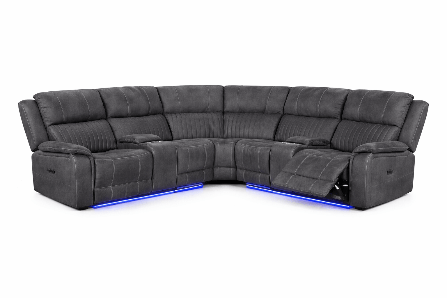 Modern grey corner recliner sofa with LED lighting and cup holders
