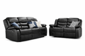 Black leather recliner sofa and loveseat set with decorative accent pillows on white background.
