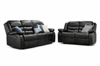 Black leather recliner sofa and loveseat set with decorative accent pillows on white background.