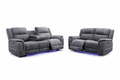 Grey reclining sofa set with LED lighting and plush cushions on a white background