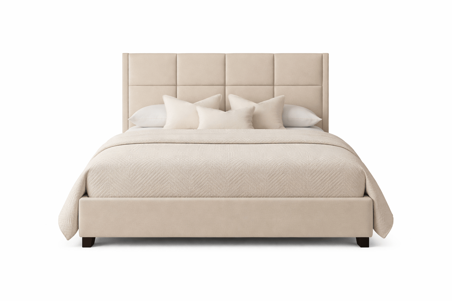 Modern beige upholstered bed with tall paneled headboard and decorative pillows