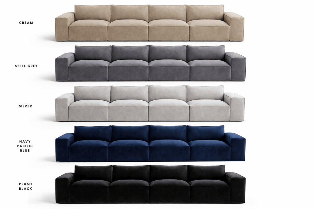 Five modern three-seater sofas in cream, grey, silver, navy blue, and black colors.