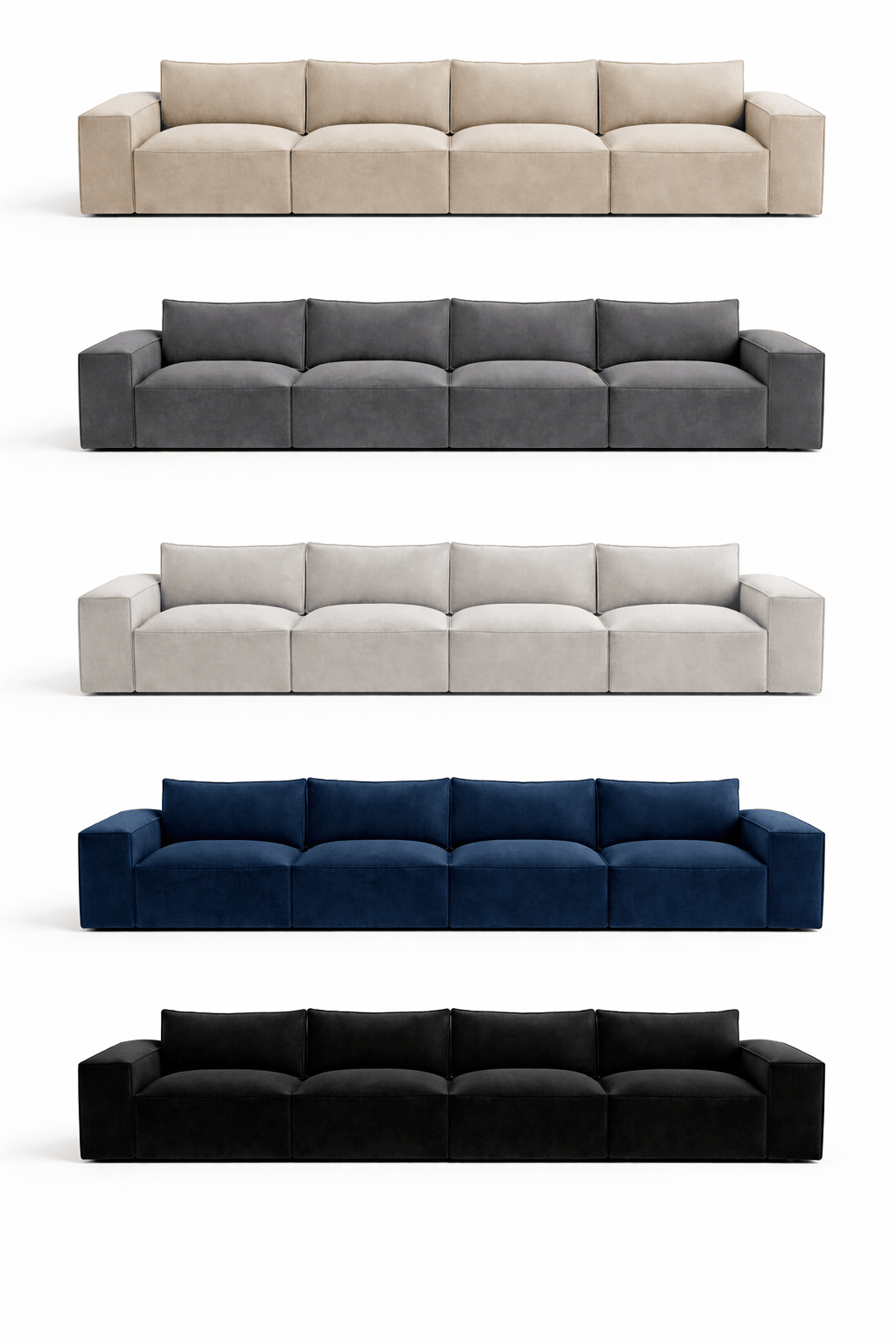 Modern modular sofas in beige, charcoal, light grey, navy blue, and black colors.