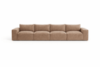 Modern tan four-seater sofa with plush cushions and wide arms on white background