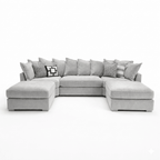 Large grey corner sectional sofa with assorted patterned cushions, modern clean style