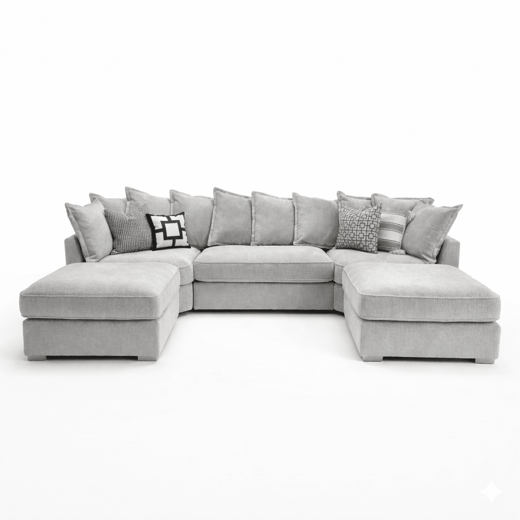 Large grey corner sectional sofa with assorted patterned cushions, modern clean style