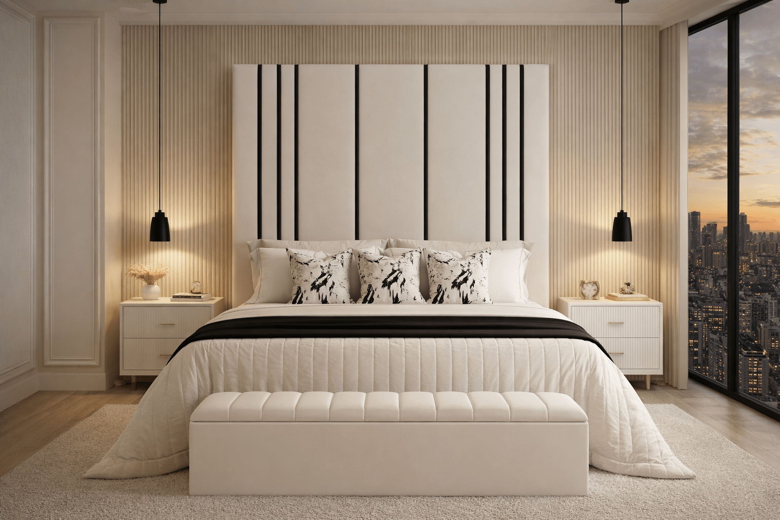 Modern luxury bedroom with upholstered bed, designer pillows, and city view at sunset
