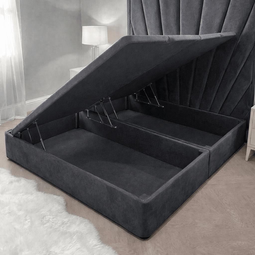 Grey upholstered ottoman storage bed with open lift-up base in modern bedroom