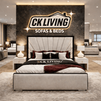 Luxury upholstered bed with accent pillows and modern nightstands in elegant showroom