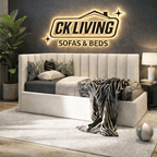 Modern upholstered bed with plush pillows and throw blanket in a stylish bedroom setting