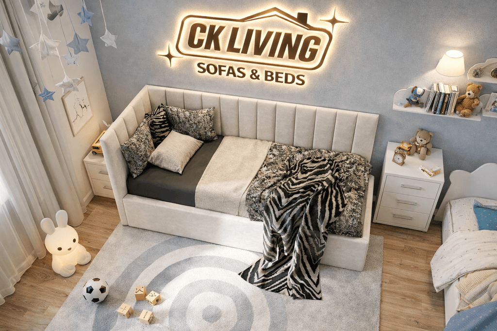 Modern upholstered daybed with pillows and throw in a cozy kids bedroom, playful decor accents