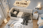 Modern upholstered daybed with pillows and throw in a cozy kids bedroom, playful decor accents