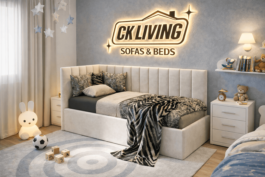 Luxury upholstered corner bed in a cozy kids room with plush decor and neutral tones