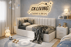 Luxury upholstered corner bed in a cozy kids room with plush decor and neutral tones