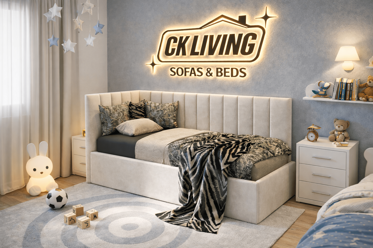 Luxury upholstered corner bed in a cozy kids room with plush decor and neutral tones