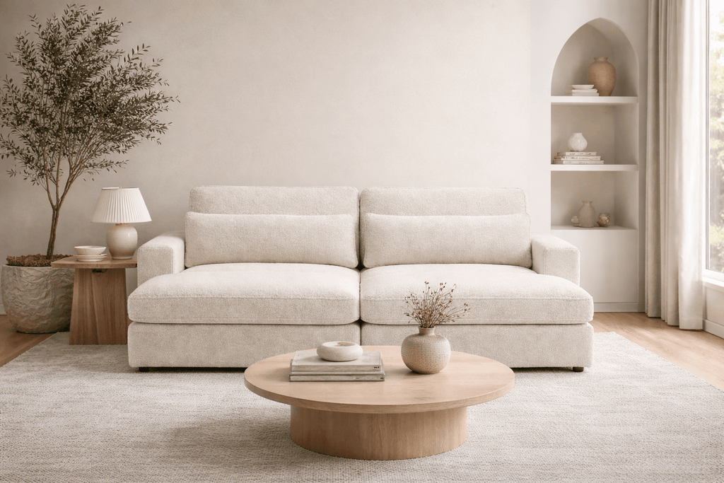 Modern living room with a beige fabric sofa, round wooden coffee table, and minimalist decor