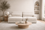 Modern living room with a beige fabric sofa, round wooden coffee table, and minimalist decor