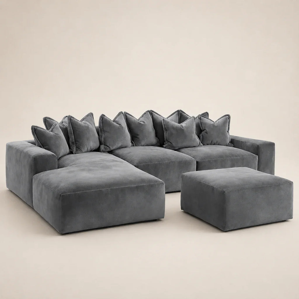 Luxury grey velvet sectional sofa with chaise and ottoman, perfect for modern living rooms