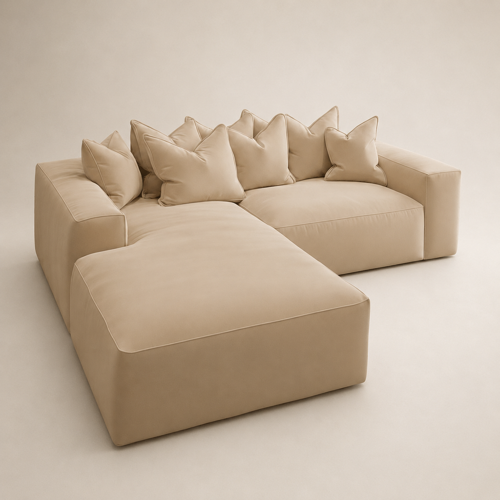 Velour Cream Velvet Pillow Back Sofa