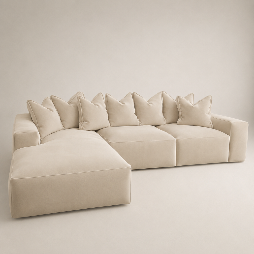 Velour Cream Velvet Pillow Back Sofa
