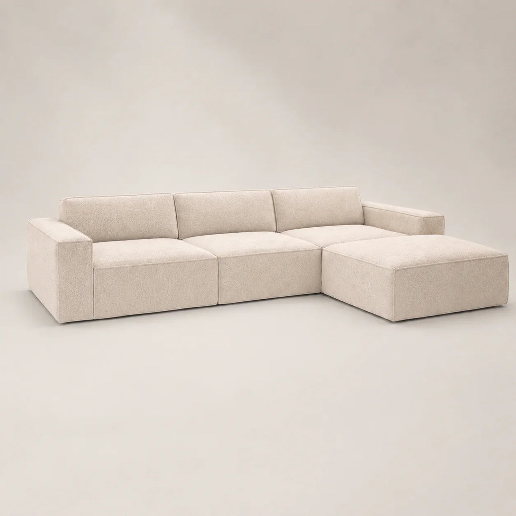 Luxury beige sectional sofa with chaise, modern modular design for living room comfort