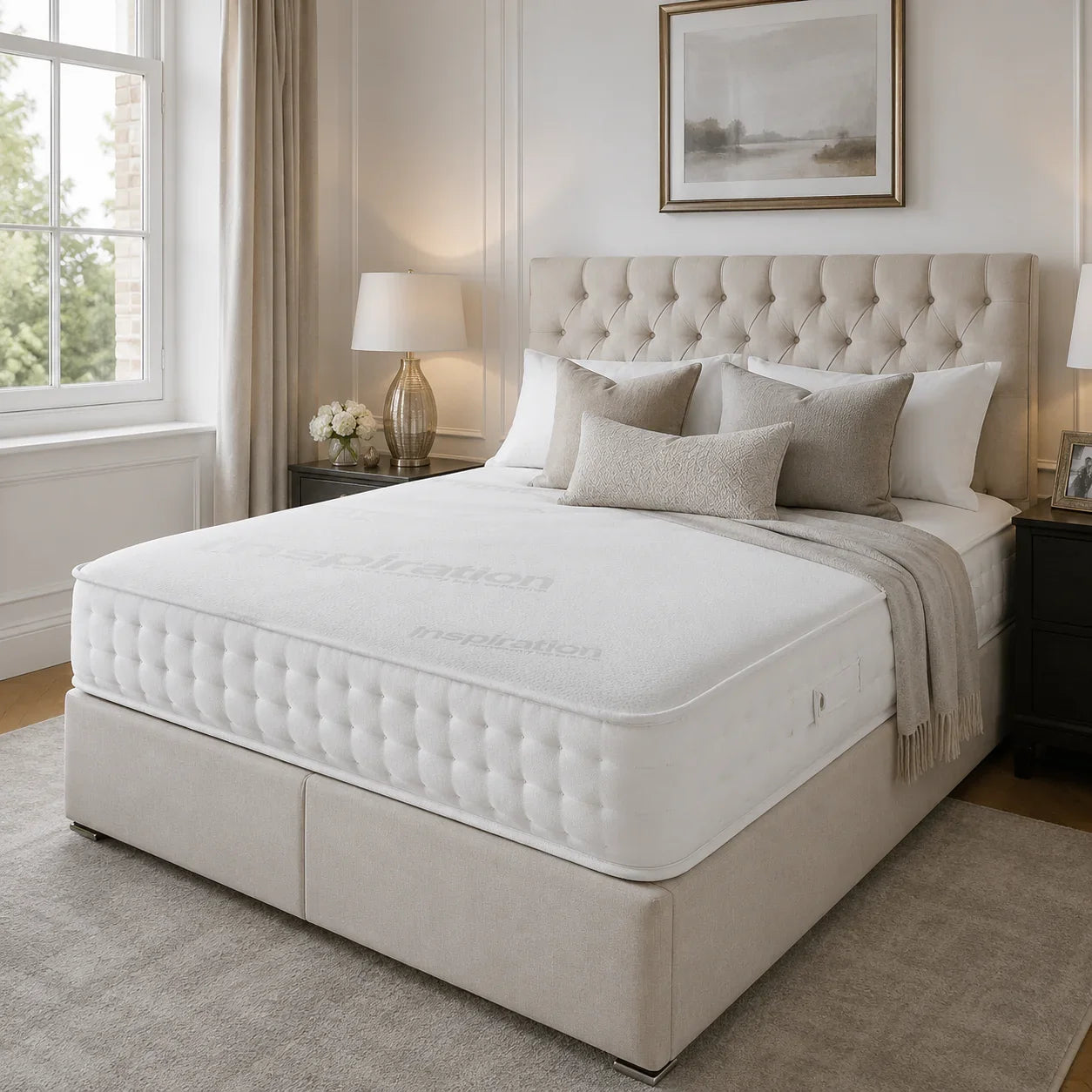 Luxury tufted mattress on upholstered bed frame in elegant bedroom with natural light