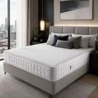 Luxury white quilted mattress on grey upholstered bed frame in modern bedroom with city view