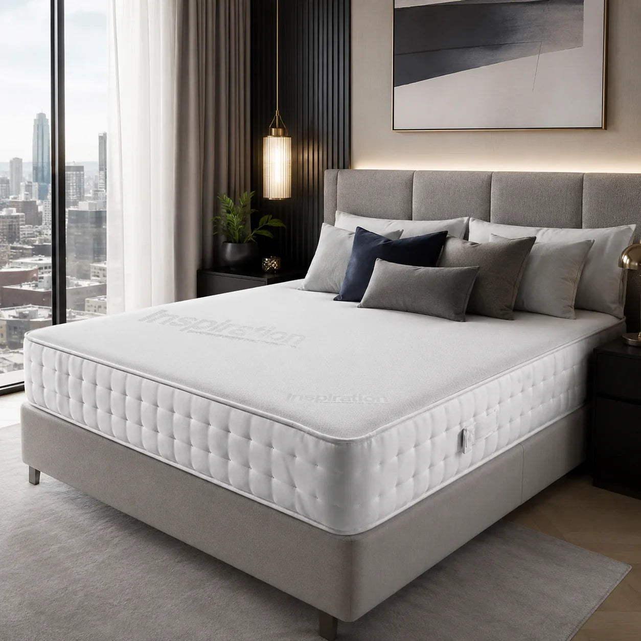 Luxury white quilted mattress on grey upholstered bed frame in modern bedroom with city view