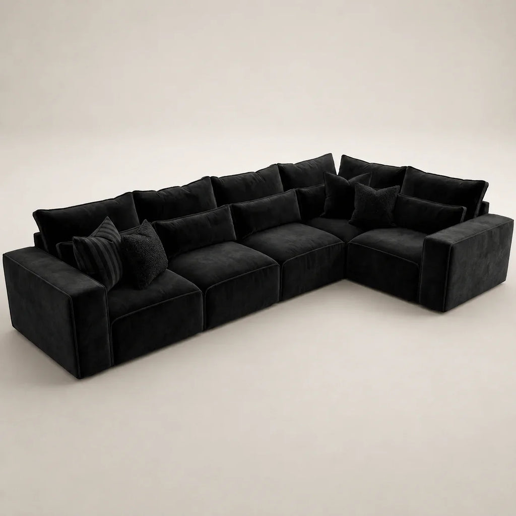 Luxury black velvet sectional sofa with plush cushions and modern design for living room comfort