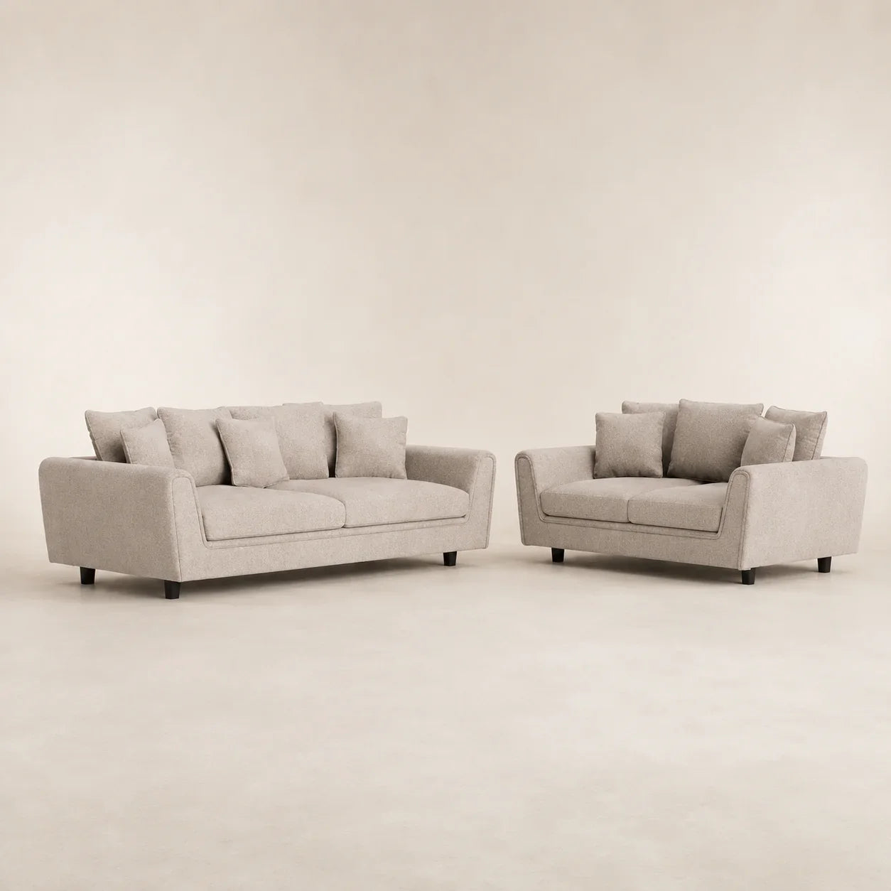 Beige fabric sofa set with matching loveseat, modern design, black legs, luxury living room furniture