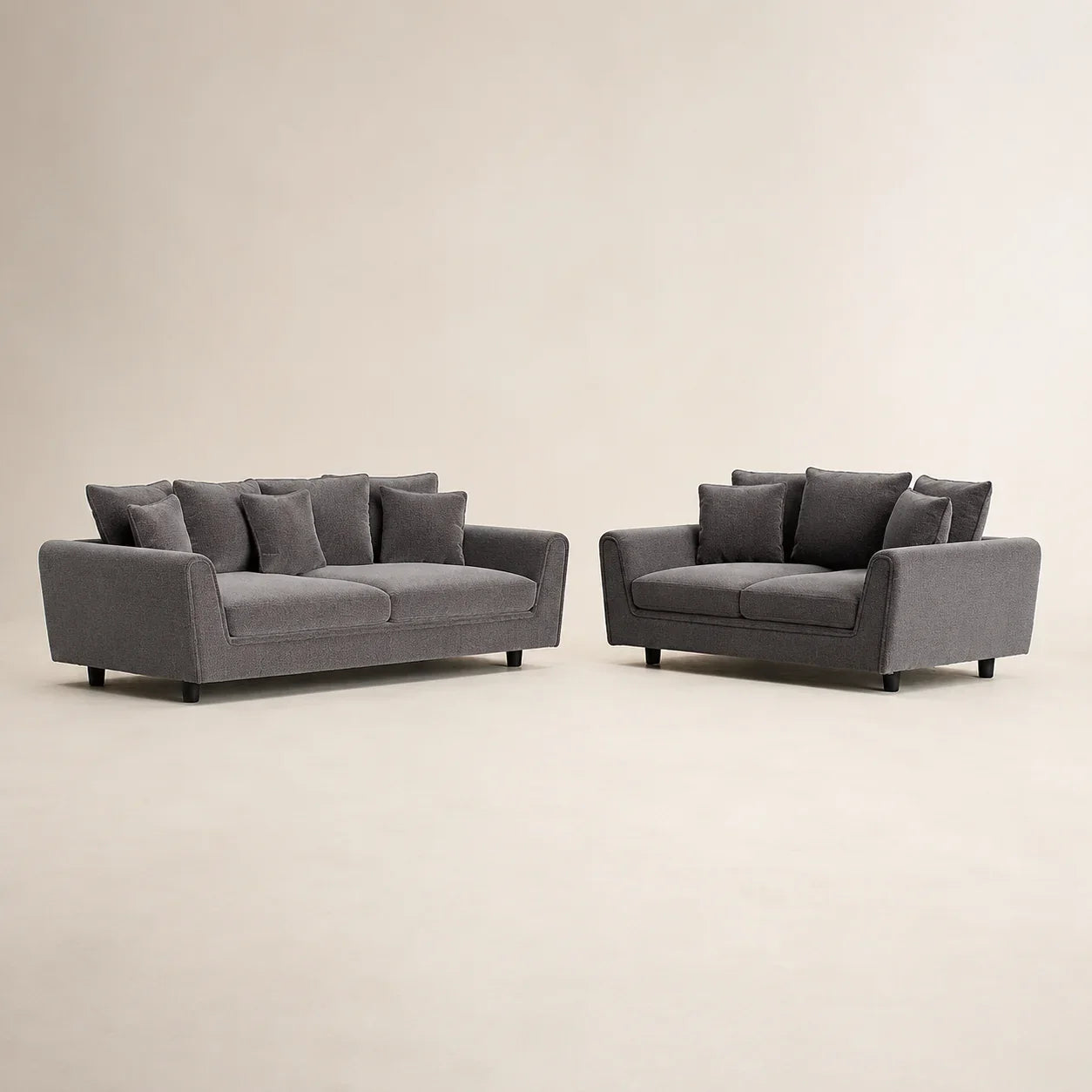 Grey fabric sofa set with matching cushions, modern living room furniture