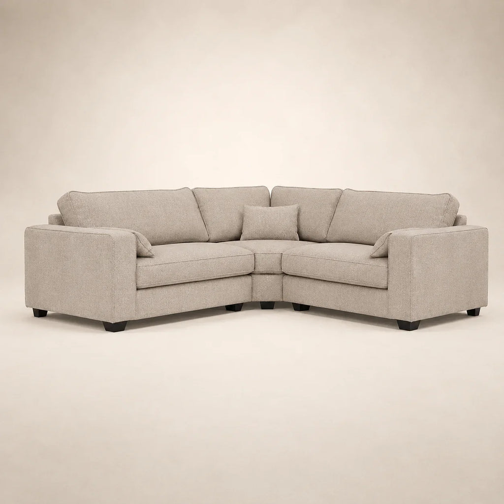 Luxury beige corner sofa with plush cushions and dark legs, ideal for modern living rooms