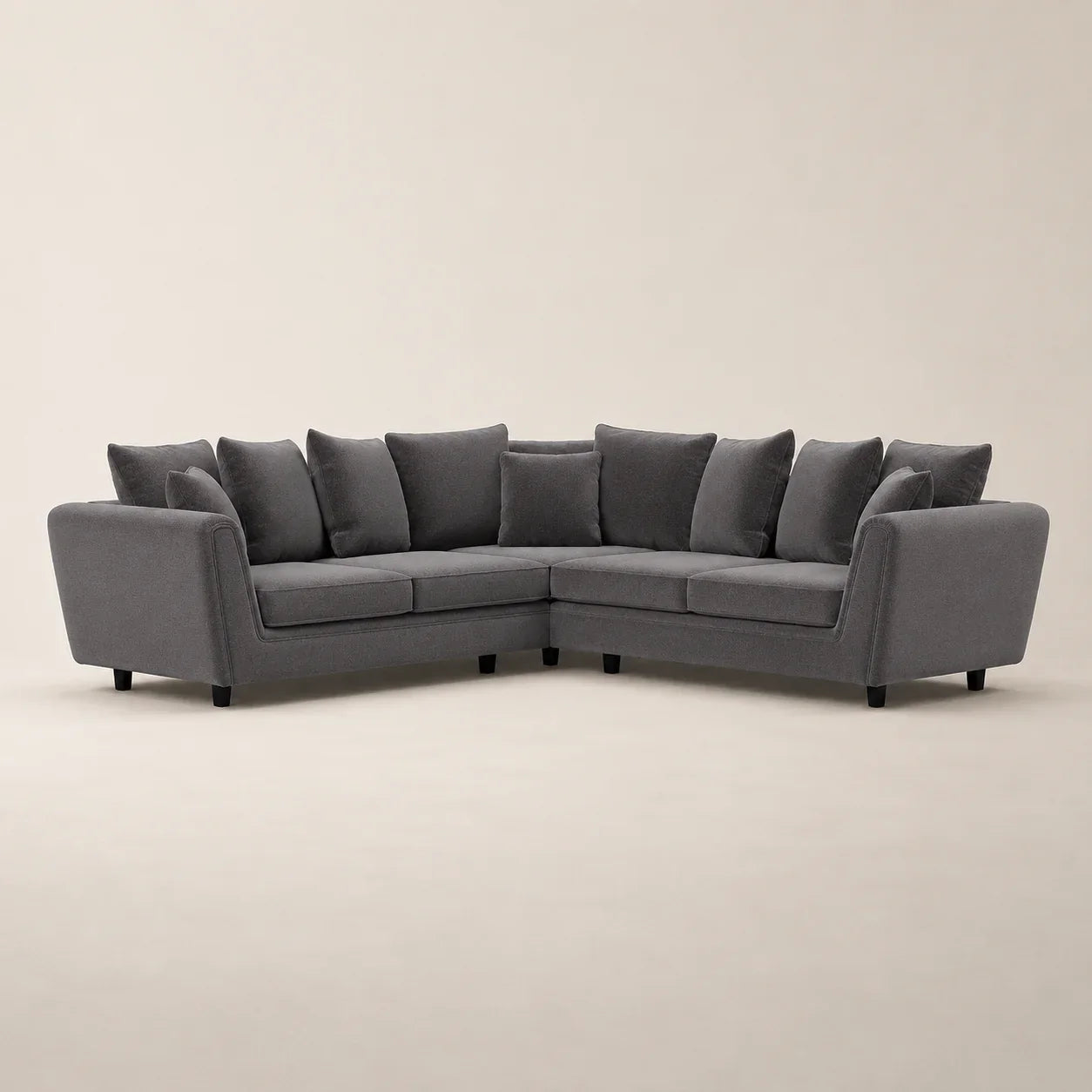 Grey L-shaped sectional sofa with plush cushions, modern luxury living room furniture