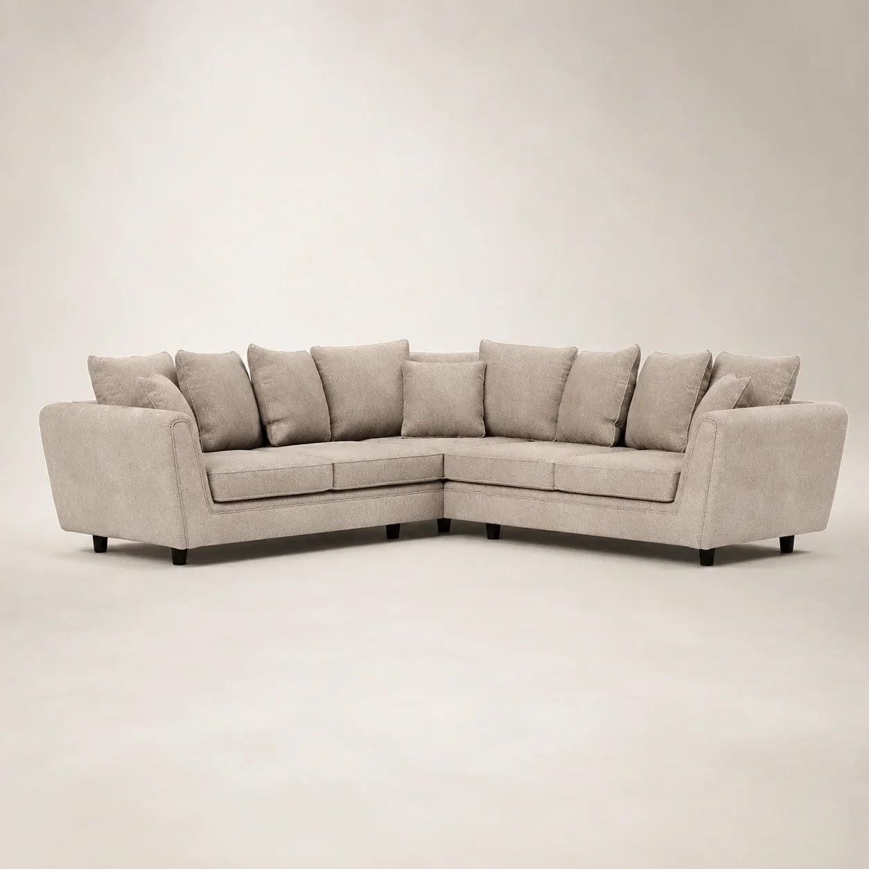Luxury beige corner sofa with plush cushions and dark legs, ideal for modern living rooms