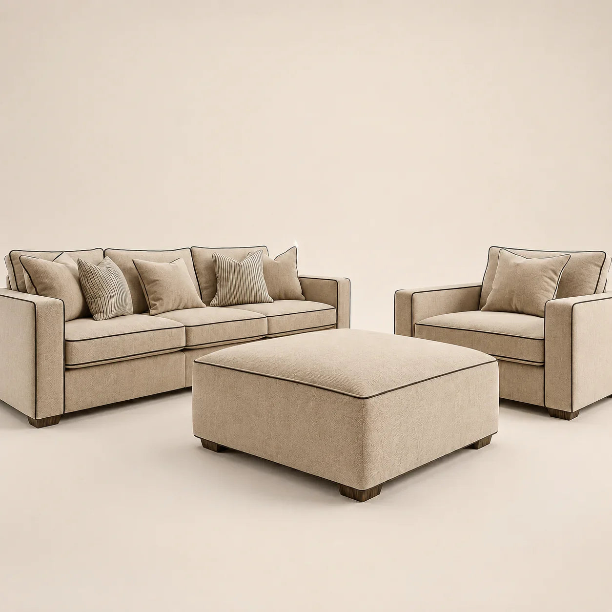 Beige luxury sofa set with matching armchair and ottoman, modern living room furniture