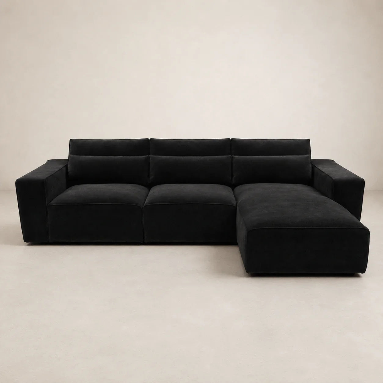 Black velvet L-shaped sectional sofa with chaise lounge, modern luxury living room furniture