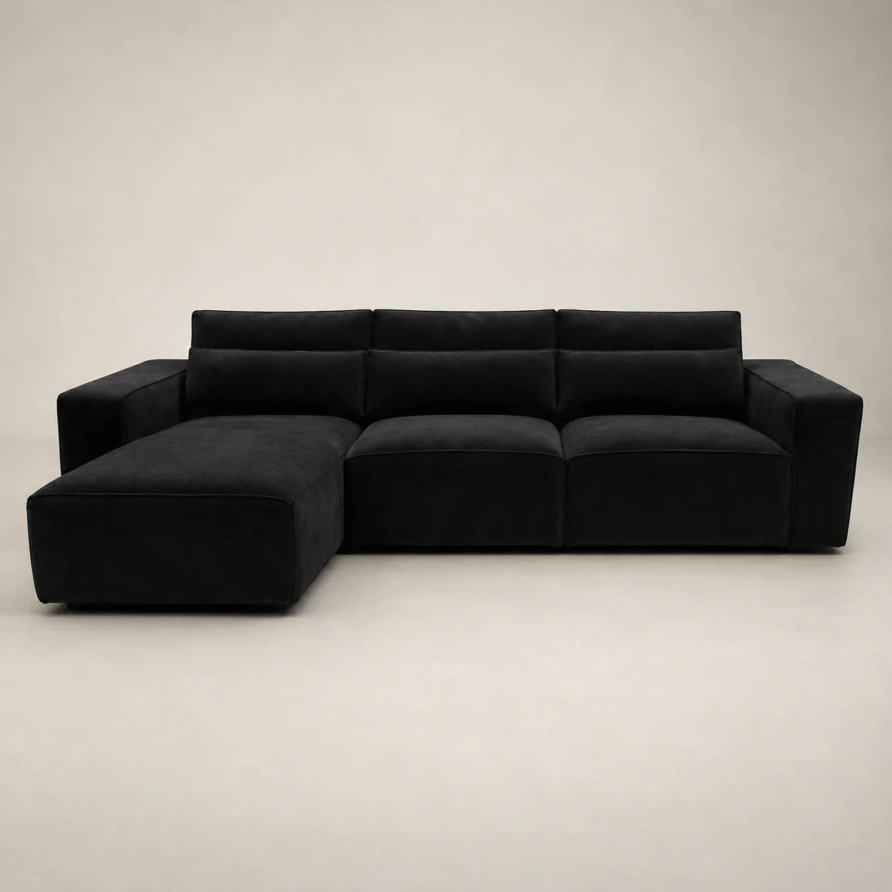 Black velvet L-shaped sectional sofa with chaise lounge, modern luxury living room furniture
