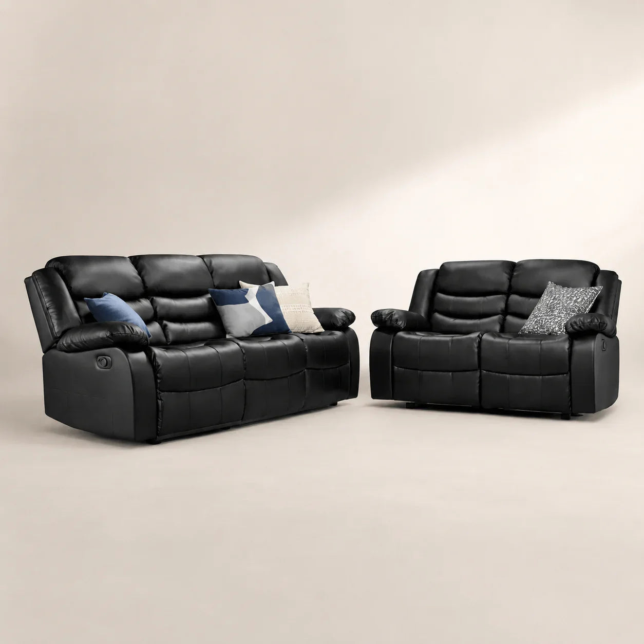 Black leather recliner sofa set with plush cushions, ideal for luxury living room furniture