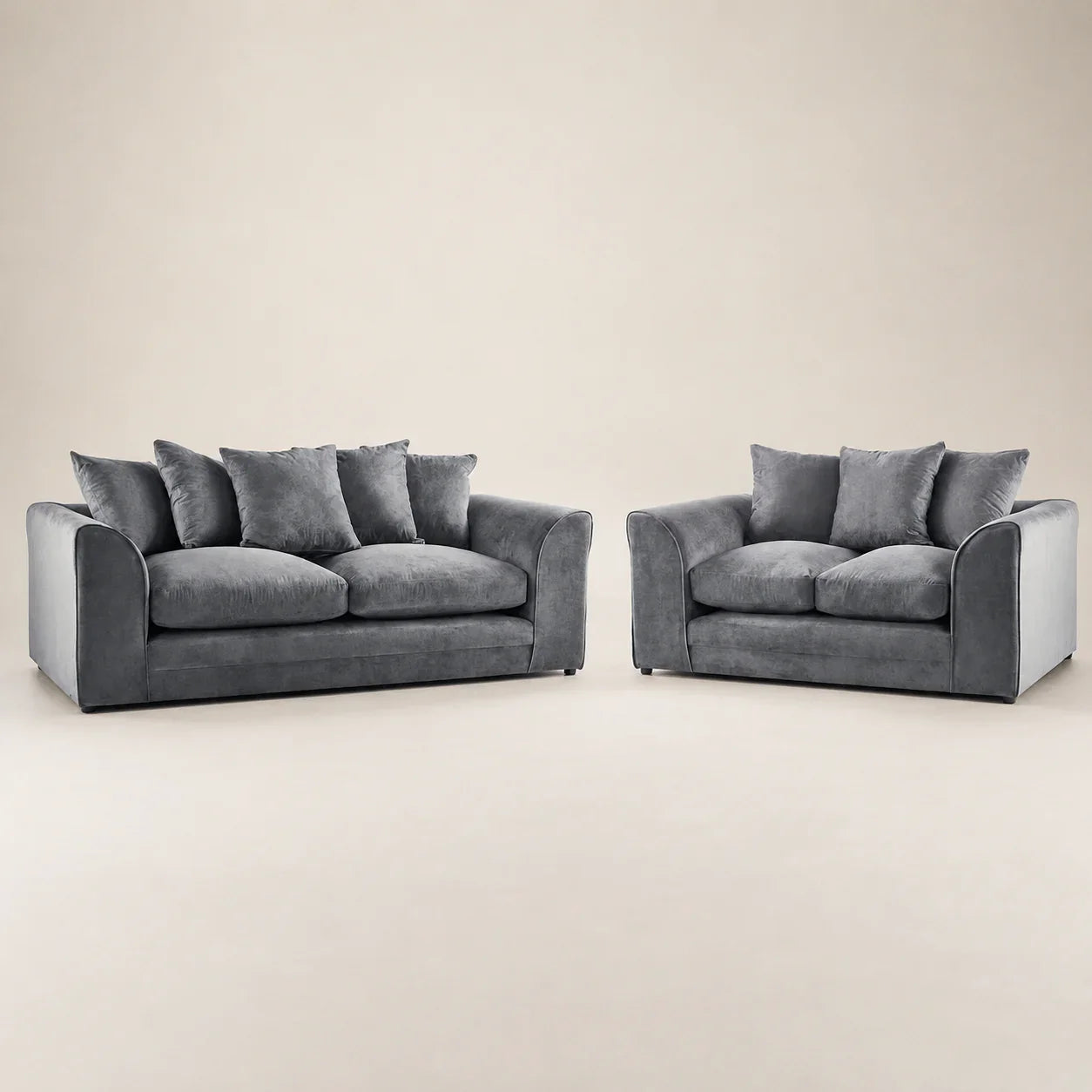 Grey velvet sofa set with plush cushions, luxury living room furniture